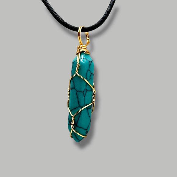 Handcrafted Wire-Wrapped Turquoise Stone Pendant Necklace Adjustable Black Cord - Picture 1 of 9